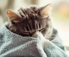 Gray cat nestled in a cozy blanket enjoying a peaceful nap by the window on a calm afternoon photo