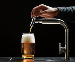 Pouring a refreshing glass of beer from a tap in a dimly lit bar during the evening photo