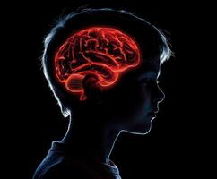Child's silhouette with glowing brain illustration symbolizing intelligence and creativity in a dark setting photo