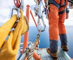 Worker performing safety checks on a high-altitude platform with ocean view during daylight hours photo