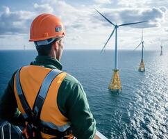 Offshore worker inspects wind turbines under cloudy sky during daylight hours in open water photo