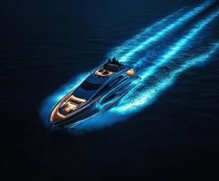 Luxury yacht illuminated at night gliding over tranquil waters leaving vibrant blue wake photo