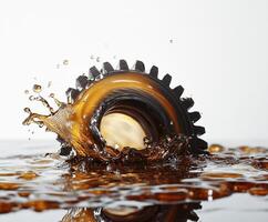 Motor oil splashes around a metal gear submerged in a dark liquid creating dynamic patterns and textures photo