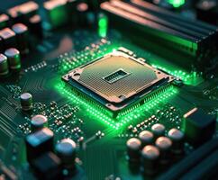 Close examination of a microprocessor on a circuit board illuminated by green lights in a technology lab photo