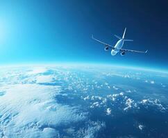 Airplane soaring above fluffy clouds in bright blue sky during daylight hours photo