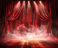 Stage set with red curtains and fog creates a dramatic atmosphere for a performance photo