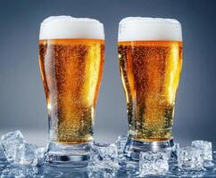 Refreshing glasses of cold beer served with ice cubes on a gray background photo