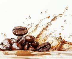 Coffee beans splash in brown liquid creating dynamic ripples and droplets in a creative display of freshness and energy photo