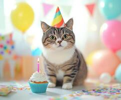 Cat celebrates birthday with festive hat and cupcake at a colorful party setting photo