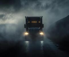 Truck navigating through foggy countryside at night, headlights piercing through misty darkness photo