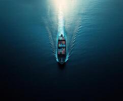 Cargo ship navigates through calm waters at dusk with a trail of ripples and illuminated containers photo
