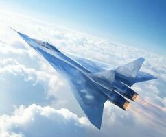 Futuristic supersonic jet soaring through clouds in bright blue sky with engine flames igniting motion and speed photo
