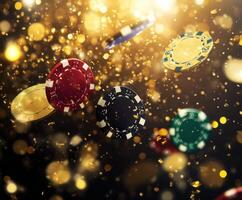 Exciting moment with colorful poker chips falling through golden confetti in a celebratory atmosphere photo