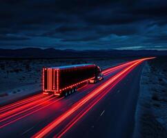 Bright trails of light from a truck driving on a desert highway at night with dramatic clouds overhead photo