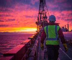 Worker on a ship walks along the deck during a stunning sunset in the ocean photo