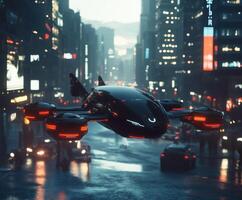 Futuristic hover vehicle cruising through a neon-lit cityscape on a rainy evening photo