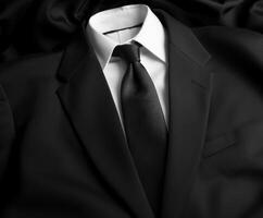 Elegant black suit and tie displayed on dark fabric background showcasing minimalistic fashion design concepts photo