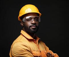 Skilled construction worker in safety gear poses confidently on a dark background photo