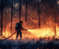 Firefighter battling wildfire at dusk in dense forest with flames and smoke in the air photo