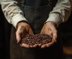 Freshly harvested coffee beans held in hands of a farmer in a rustic environment photo