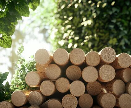 Stacked wooden logs surrounded by lush greenery in a serene outdoor setting during daylight photo