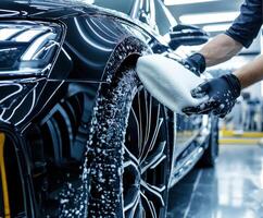 Efficient car detailing process with foam wash in a modern auto repair shop photo