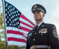 Honor guard member stands proudly with American flag during ceremonial event in bright daylight photo