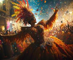 Colorful carnival celebration with performer in vibrant costume surrounded by joyful crowd photo