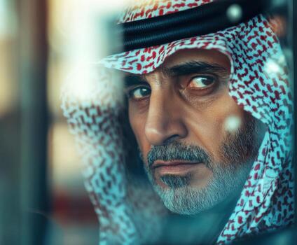 Man wearing traditional Arabian attire looks thoughtfully through a window in a busy city environment during the afternoon photo