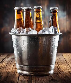 Chilled bottles of beer in a metal bucket with ice on a rustic wooden surface photo
