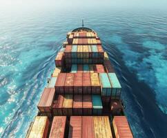 Cargo ship navigates through clear blue waters with stacked containers above deck photo