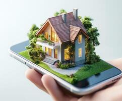 Creative blend of technology and nature showcases a miniature house emerging from a smartphone in an innovative design concept photo