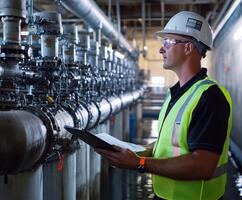 Engineer conducts inspection in industrial facility on a sunny day while reviewing data and ensuring system efficiency photo