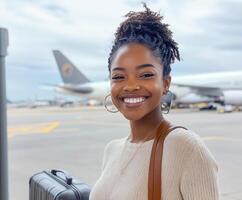 Young woman smiles while waiting at the airport ready for travel with a suitcase in hand photo