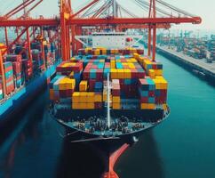 Large cargo ship loaded with colorful containers at busy shipping port during daytime photo