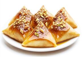 Sweets served on a white plate showcasing mouthwatering triangular pastries topped with nuts and syrup photo