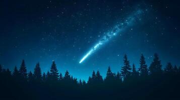 Bright comet streaks through night sky with brilliant blue starry atmosphere above silhouetted forest treeline, capturing celestial phenomenon in mystical astronomical photography. comet photo