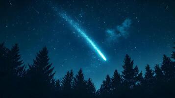Bright comet streaks through night sky with brilliant blue starry atmosphere above silhouetted forest treeline, capturing celestial phenomenon in mystical astronomical photography. trees photo