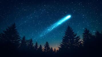 Bright comet streaks through night sky with brilliant blue starry atmosphere above silhouetted forest treeline, capturing celestial phenomenon in mystical astronomical photography. celestial photo
