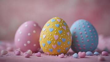 Colorful Easter eggs showcase intricate patterns with pastel pink and yellow decorations, featuring chocolate brown eggs adorned with blue hearts, polka dots, and zigzags dots photo