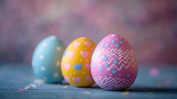 Colorful Easter eggs showcase intricate patterns with pastel pink and yellow decorations, featuring chocolate brown eggs adorned with blue hearts, polka dots, and zigzags zigzags photo