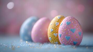 Colorful Easter eggs showcase intricate patterns with pastel pink and yellow decorations, featuring chocolate brown eggs adorned with blue hearts, polka dots, and zigzags macro photo