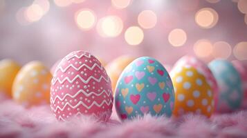 Colorful Easter eggs showcase intricate patterns with pastel pink and yellow decorations, featuring chocolate brown eggs adorned with blue hearts, polka dots, and zigzags decorative photo