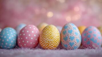 Colorful Easter eggs showcase intricate patterns with pastel pink and yellow decorations, featuring chocolate brown eggs adorned with blue hearts, polka dots, and zigzags festive photo
