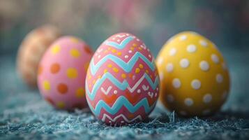 Colorful Easter eggs showcase intricate patterns with pastel pink and yellow decorations, featuring chocolate brown eggs adorned with blue hearts, polka dots, and zigzags artistic photo