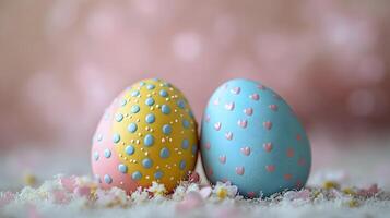 Colorful Easter eggs showcase intricate patterns with pastel pink and yellow decorations, featuring chocolate brown eggs adorned with blue hearts, polka dots, and zigzags intricate photo