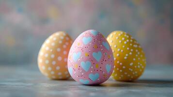 Colorful Easter eggs showcase intricate patterns with pastel pink and yellow decorations, featuring chocolate brown eggs adorned with blue hearts, polka dots, and zigzags painted photo