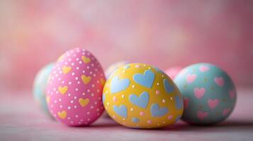 Colorful Easter eggs showcase intricate patterns with pastel pink and yellow decorations, featuring chocolate brown eggs adorned with blue hearts, polka dots, and zigzags spring photo
