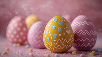 Colorful Easter eggs showcase intricate patterns with pastel pink and yellow decorations, featuring chocolate brown eggs adorned with blue hearts, polka dots, and zigzags celebration photo
