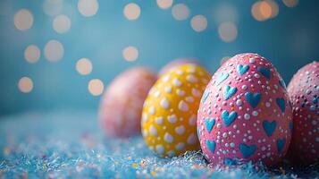 Colorful Easter eggs showcase intricate patterns with pastel pink and yellow decorations, featuring chocolate brown eggs adorned with blue hearts, polka dots, and zigzags delicate photo